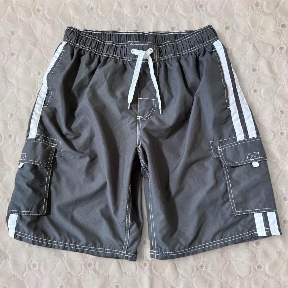 Kanu Surf Mens XL Board Shorts Gray Cargo Swim Trunks White Stripes Y2K Baggy